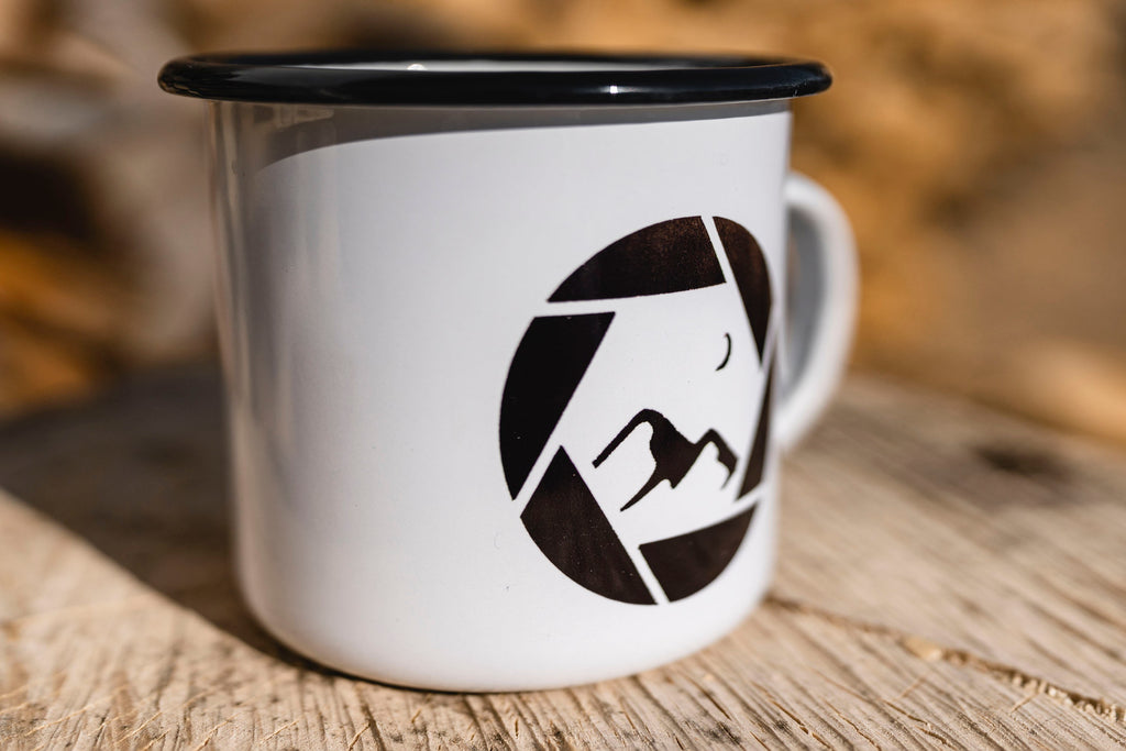 Emaille Tasse, Retro Fototasse, Campingtasse, Outdoortasse, Reisebecher