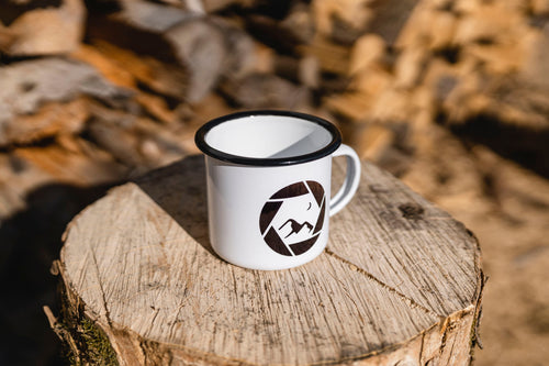 Emaille Tasse, Retro Fototasse, Campingtasse, Outdoortasse, Reisebecher