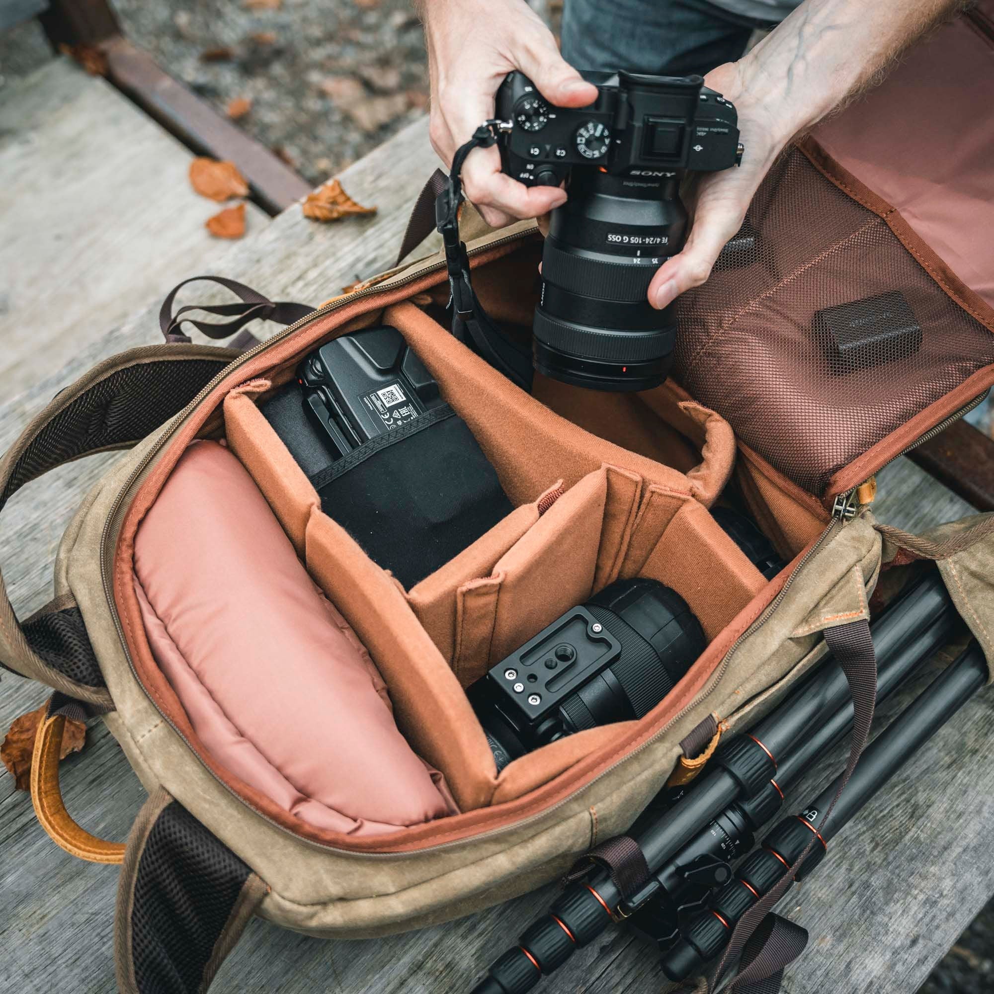 Fotografie Kamerarucksack, Rucksack, Canvas, Retro, wasserabweisend, DSLR, DSLM, khaki