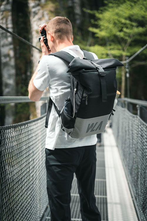 Large roll-top backpack with chest strap and wet compartment, water-repellent, black-grey