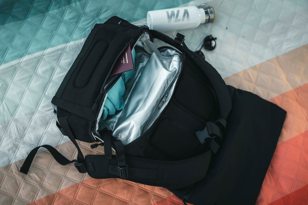 Large roll-top backpack with chest strap and wet compartment, water-repellent, black-grey