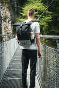 Large roll-top backpack with chest strap and wet compartment, water-repellent, black-grey